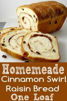 homemade cinnamon swirl raisin bread is cut in half