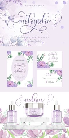 the wedding stationery is shown with purple flowers and greenery, including lavenders