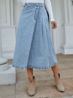 F00198341-102 Split Denim Skirt, Stylish Denim Skirt, A Line Denim Skirt, Casual Trends, Denim Skirt Women, Clothing Casual, Denim Patterns, Winter Skirt, Denim Midi Skirt