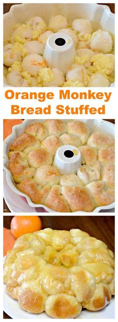 an orange monkey bread stuffed with cheese is shown in three different stages and then baked