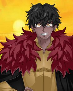 an anime character with long black hair and red feathers on his shoulders, standing in front of the sun