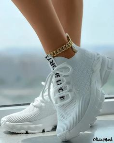 Olivia Mark - Breathable Letter Print Lace Up Sneakers Lace Up Sneakers, Online Fashion Stores, White Beige, Olivia Mark, Sneakers White, Letter Print, Wedding Sneaker, Letter Prints, Wedding Shoe