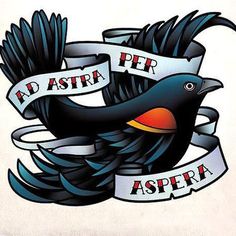 a black bird with ribbon around its neck and the words ad aster on it