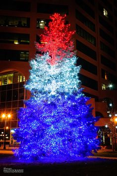 a brightly lit christmas tree in front of a large building at night with red, white and blue lights