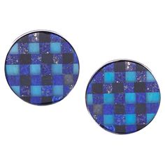 two blue and black checkered buttons on white background