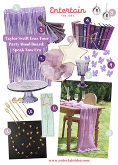 purple and gold party decor with stars, fringes, tassels, tablecloths