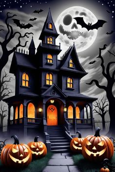 a halloween house with pumpkins in front of it