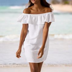 Soak Up The Sun In This Off-The-Shoulder Coverup Dress, Crafted From A Lightweight, Floaty Linen Blend That Offers Effortless Movement With Its Feminine Ruffled Neckline. 52% Linen, 48% Viscose Pockets. Soft Linen-Blend Fabric Resists Wrinkles For Easy Packing. Can Be Worn On Or Off The Shoulder. Fully Lined. Vacation Linen Wedding Cruise Feminine Versatile Preppy Elegant Off-shoulder Summer Beach Dress, Elegant Off Shoulder Beach Dress For Summer, Elegant Off-shoulder Dress For Summer Beach, Elegant Off Shoulder Dress For Summer Beach, White Off Shoulder Summer Dress For Vacation, Casual White Off Shoulder Dress For Vacation, White Off Shoulder Summer Beach Dress, White Off Shoulder Beach Dress For Summer, White Off Shoulder Casual Summer Dress