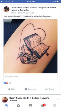 a tattoo on the arm of a woman with an open book and heart in it