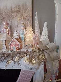 a fireplace mantel decorated with christmas decorations