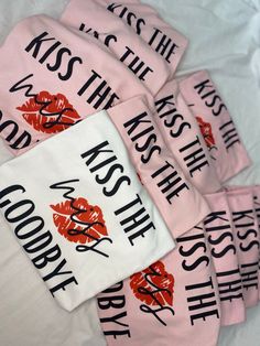 Pink Cotton Sublimation T-shirt With Custom Print, Bach Idea, Kiss The Miss Goodbye Bachelorette, Hen Do Themes, Bride Scrapbook, Kiss The Miss Goodbye, 30th Birthday Themes, Pink Bachelorette Party, Pink Bachelorette