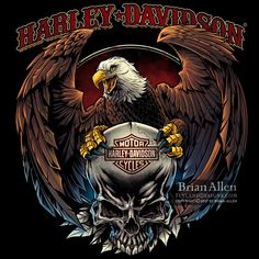 an eagle with a skull on it's back and the words harley davidson above it