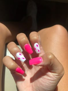 August 2023 Nail Designs, Spring Western Nails, Nails Lightning Bolt, Preppy Acrylic Nails, Pink Western Nails, Preppy Nail Ideas, Preppy Lightning Bolt, Bolt Nails, Lightning Bolt Nails