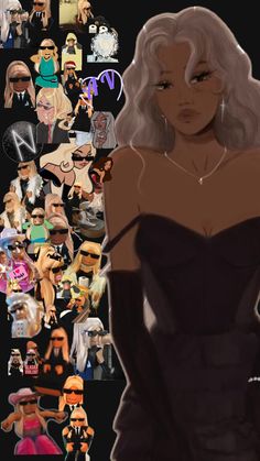 a woman in a black dress surrounded by many different faces and haircuts,