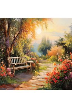 a painting of a park bench in the middle of a flowered path with trees and flowers on either side