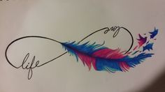 a drawing of a blue and pink feather with the word life on it's side