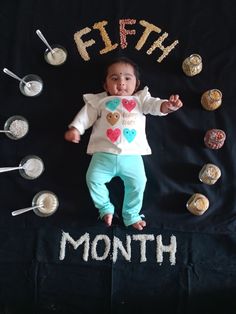 a baby laying on top of a black blanket with the word month written in it