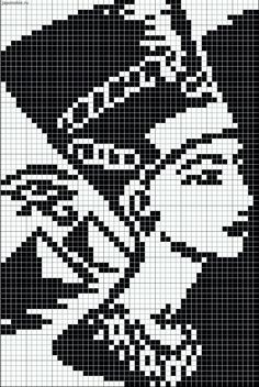 a black and white image of a woman's face in the middle of a cross stitch pattern