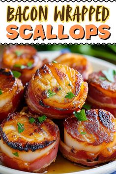 bacon wrapped scallops on a white plate