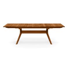 a wooden table with two legs and a long rectangular top, on an isolated white background