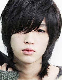 Slanted Bangs, Emo Hairstyle, Hair Color Images, Short Black Hair, Handsome Korean, Men's Wigs, Mens Wigs, Bangs Short, Emo Hair