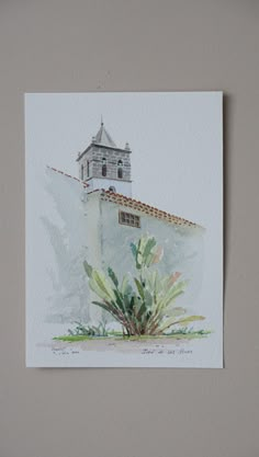 a watercolor painting of a white building with a clock on it's side