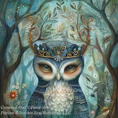 an owl with a crown on its head is sitting in the woods surrounded by trees