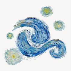 an artistic painting with blue and yellow swirls in the air, on a white background