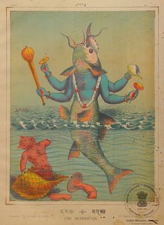 an illustration of a man with fish on his body and other animals in the water