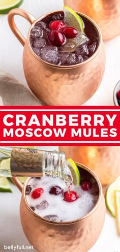 cranberry moscow mules in copper mugs garnished with cherries and lime