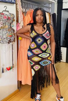 Colorful fringe crochet maxi dress. Runs small. Handmade so patterns may be slightly different. 100% Acrylic We have limited stock on hand. Most online orders won't ship out until 5/23 Bohemian Fitted Crochet Maxi Dress, Fitted Bohemian Crochet Maxi Dress, Fitted Multicolor Dresses With Tassels, Multicolor Sleeveless Fringe Dresses, Fitted Multicolor Dress With Tassels, Multicolor Fringe Beach Dress, Multicolor Fringe Summer Dress, Bohemian Sleeveless Crochet Dress With Fringe, Multicolor Fringe Dress For Beach