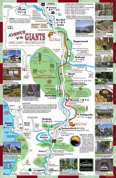 a map with many different places to see in the area, including mountains and lakes