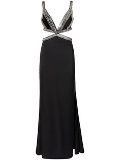 black cut-out detailing rear zip fastening crystal embellishment V-neck open back sleeveless flared hem long length Black Wool Dress, Maxi Dress Black, Wardrobe Edit, Exclusive Fashion, Crystal Embellishment, Wool Dress, Black Maxi Dress, Black Wool, Cocktail Dress Party