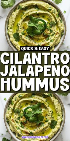 two bowls filled with guacamole and topped with cilantro, jalapeno hummus