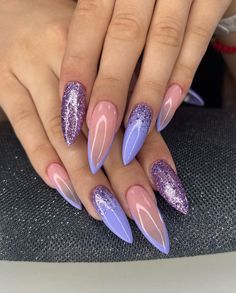 Icy Purple Nails, Jan Nails, Nails Violet, Concert Nails, Stiletto Nails Short, Black Nails With Glitter, January Nails, French Acrylic Nails, Cute Gel Nails