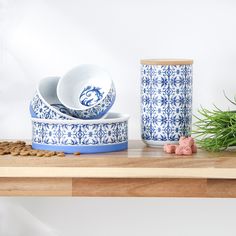 blue and white dishes are sitting on a shelf next to a potted green plant