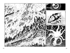 black and white image of an ocean wave with images of sea creatures in the bottom right hand corner