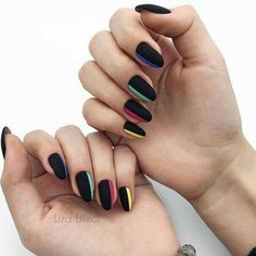 Black Rainbow nails Minimalist Nail Art, Matte Nails Design, Almond Nails Designs, Party Nails, Polish Colors, Rainbow Nails