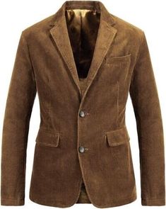 a brown jacket is shown with buttons on the lapel and one button at the front