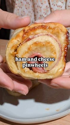 two hands holding up a ham and cheese pinwheel on a plate with the words ham and cheese pinwheels