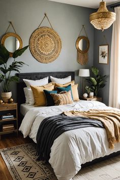 a large bed sitting in a bedroom next to a window with two mirrors above it