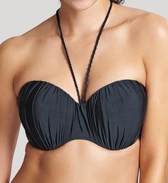 This bandeau swim top has an underwire contour cup and removable straps that are ideal for sun bathing. Padded cup has supportive, hidden underwires that lift and round. Silky, seamless cup overlay is ruched for shape. Center panel is tall and arched for tummy comfort. Mesh lined sides and back have covered elastic along edges for fit. Boning at side seams provides extra bust support. Removable, covered elastic straps adjust with coated metal hardware. Removable stretch spiral halter cord has go Adjustable Strapless Swimwear With Built-in Bra, Padded Bandeau Swimwear For Beachwear, Padded Bandeau Swimwear For Poolside, Bandeau Swimwear With Padded Cups For Sunbathing, Adjustable Bandeau Swimwear With Padded Cups, Strapless Swimwear With Built-in Bra And Adjustable Fit, Underwire Swimwear With Removable Cups, Strapless Padded Swimwear For Swimming, Strapless Padded Swimwear For Vacation