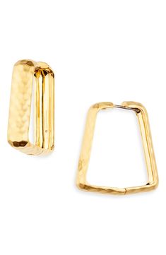 These square hoops in 22-karat-gold plate boast a handcrafted hammered finish for eye-catching texture and shine. 1 1/4" hoop diameter; 3/8" width Hinge with snap-post closure 22k-gold plate Imported Modern Hammered Hoop Earrings For Formal Occasions, Modern Hammered Hoop Earrings For Formal Events, Modern Hammered Huggie Earrings, Modern Gold Hammered Hoop Earrings, Luxury Hammered Gold Hoop Earrings, Hammered Gold Rectangular Jewelry, Gold Hammered Rectangular Jewelry, Luxury Gold Hammered Hoop Earrings, Contemporary Rectangular Gold Jewelry