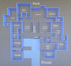 a blue floor plan is shown on a gray background with the words front and back