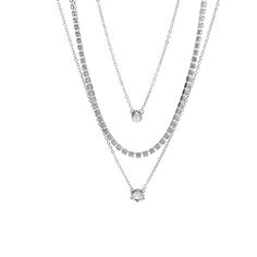 Create a stacked look with this silver-plated necklace set each embellished with crystals and cubic zirconia. Includes two pendant necklaces and one tennis necklace (three pieces total) Necklace 1: 13.7" L with 2.7" extender Necklace 2: 15.7" L with 2.7" extender Necklace 3: 17.7" L with 2.7" extender Lobster claw clasp Silver-plated copper / crystal / cubic zirconia Silver Multi-strand Chain Necklace For Gift, Silver Multi-strand Layered Necklace For Gifts, Silver Nickel-free Necklace With Cubic Zirconia, Silver Cubic Zirconia Nickel-free Necklace, Cubic Zirconia Multi-stone Wedding Necklaces, Crystal Cross, Crystal Chain, Tennis Necklace, Enamel Bracelet