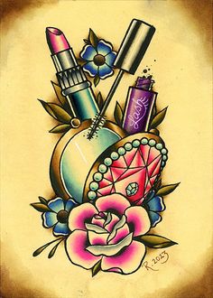 an old school tattoo design with flowers and lipstick