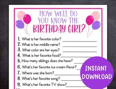 a birthday party game with balloons and question marks on the front, which says how well do you know the birthday girl?