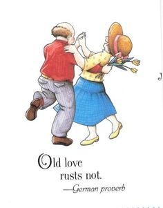 an old love runs not german prove on a card with a man and woman dancing