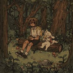 a person sitting on a bench in the woods with two dogs and one cat next to them