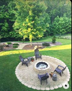 an outdoor fire pit surrounded by lawn chairs